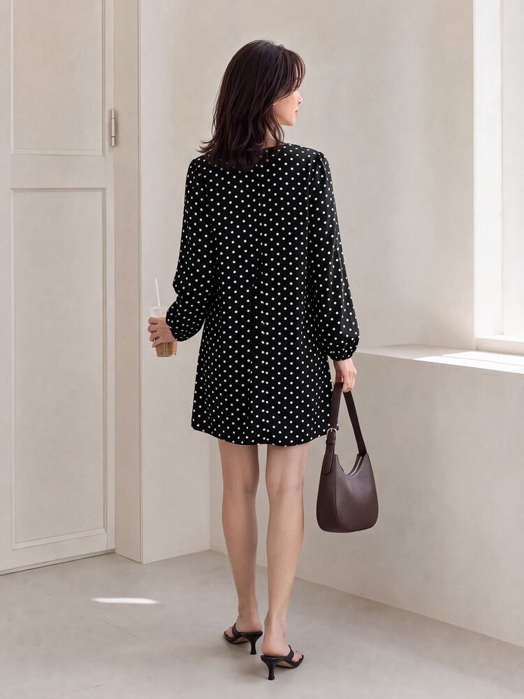Yumoku Women's Polka Dot Print V-Neck Long Sleeve Dress - Black and White - View 6