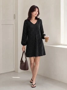 Yumoku Women's Polka Dot Print V-Neck Long Sleeve Dress - Black and White - View 2