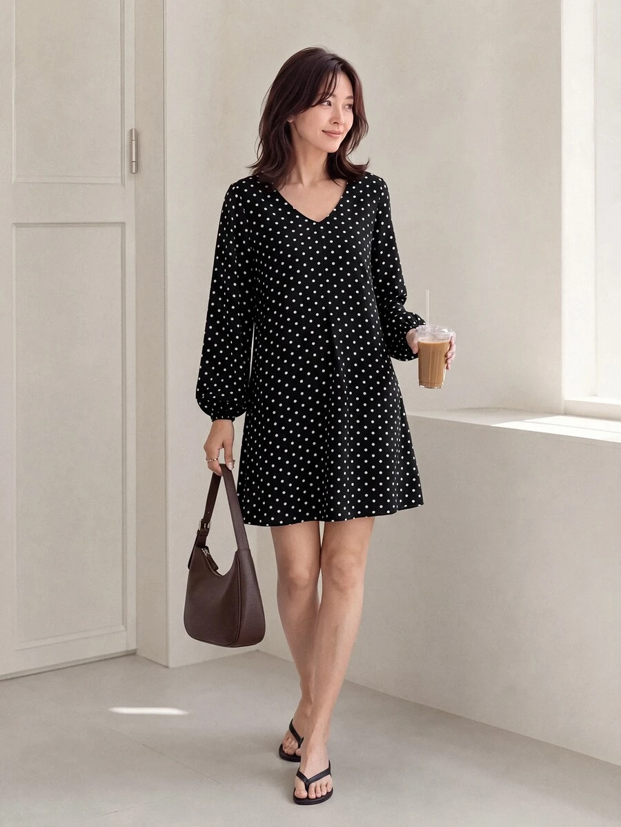 Yumoku Women's Polka Dot Print V-Neck Long Sleeve Dress
