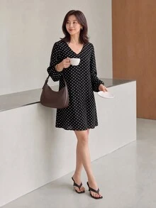 Yumoku Women's Polka Dot Print V-Neck Long Sleeve Dress - Black and White - View 3