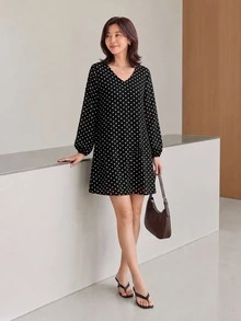 Yumoku Women's Polka Dot Print V-Neck Long Sleeve Dress - Black and White - View 4