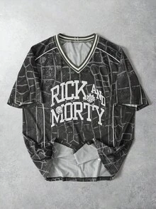 Rick and Morty X SHEIN 男士V领短袖休闲宽松T恤 - 軍綠色 - 查看 1