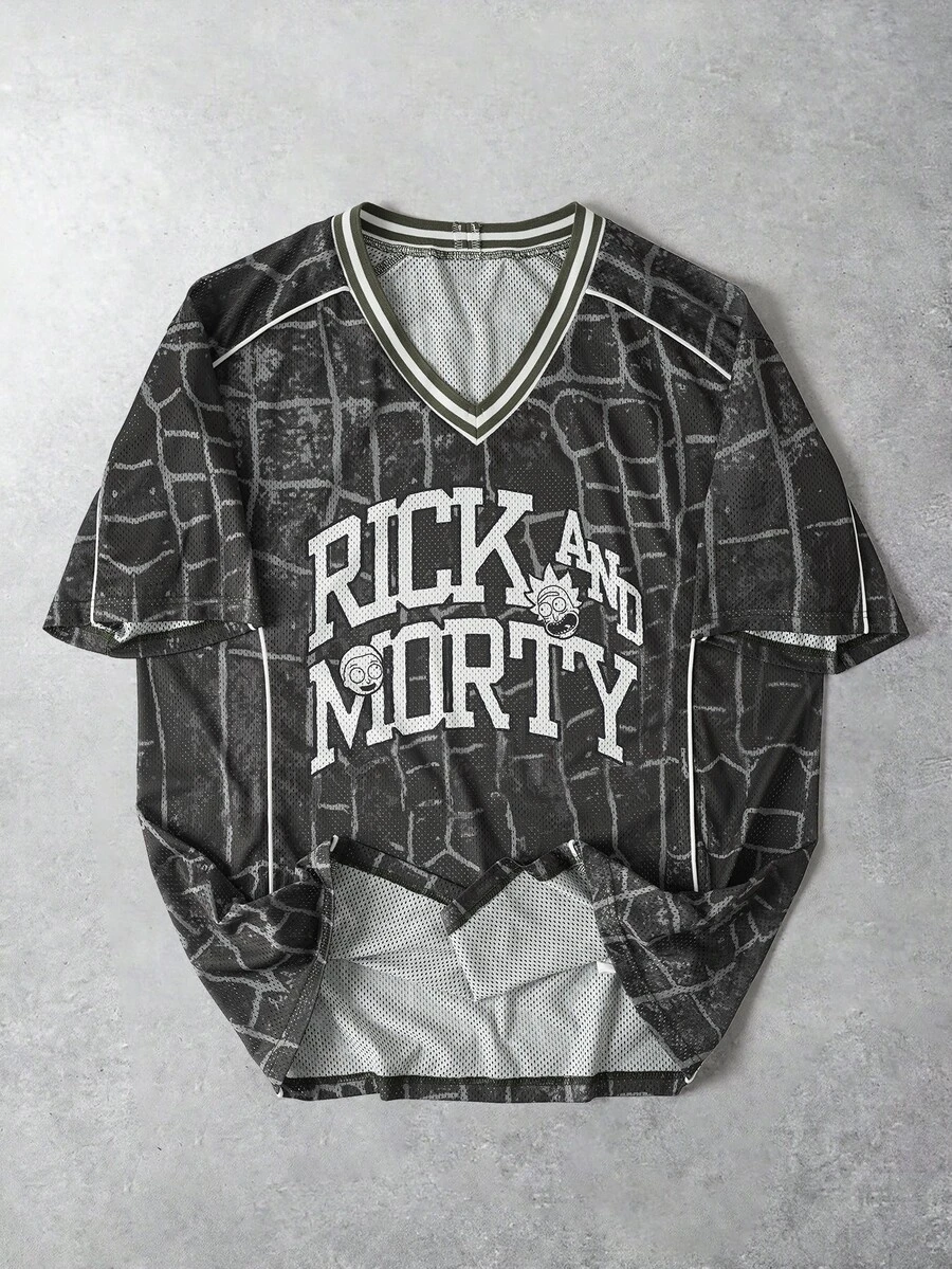 Rick and Morty X SHEIN 男士V领短袖休闲宽松T恤 - 軍綠色 - 查看 1