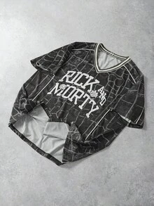 Rick and Morty X SHEIN 男士V领短袖休闲宽松T恤 - 軍綠色 - 查看 3