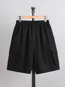 SHEIN 青少年男童休闲日常舒适贴袋宽松纯色梭织短裤，适合春夏穿着，日常穿着、运动、郊游、上学、聚会、节日、拍照等场合。 - 黑色 - 查看 6
