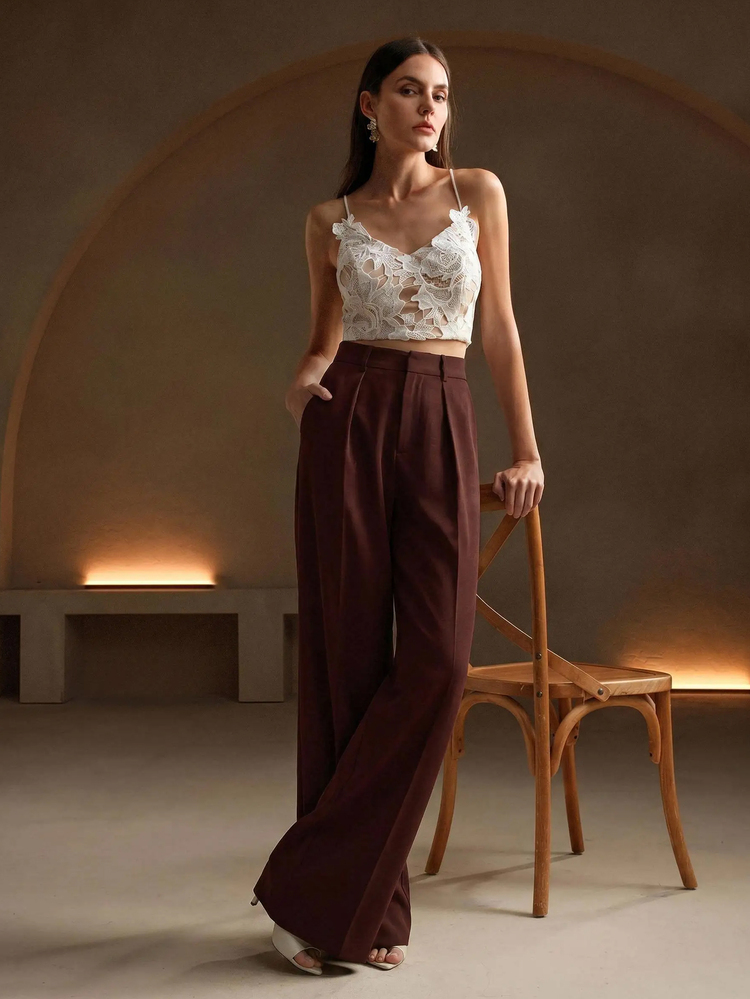 Anewsta Tall Elegant Fashion Design Pleated White Women's Suit Pants With Pockets Solid Color Straight Leg Tall Fall, Winter, Summer, Spring, New Year, Party, Wedding, Elegant, Chic, Stylish, Business Casual Woman - Red Violet - View 6