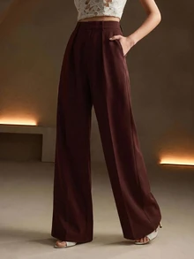 Anewsta Tall 優雅時尚設計百褶白色女款西裝長褲，附口袋，純色直筒褲腿，適合高個子，秋冬春夏，新年、派對、婚禮，優雅時尚商務休閒女款 - 中紫紅色 - 查看 5