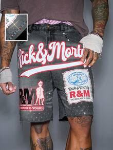 Rick and Morty X SHEIN 男士休闲字母印花水钻装饰牛仔短裤，夏季 - 灰色 - 查看 1