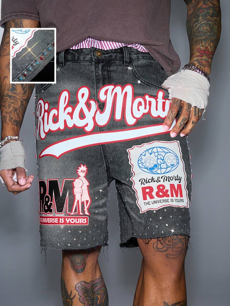 Rick and Morty X SHEIN 男士休闲字母印花水钻装饰牛仔短裤,夏季 - 灰色 - 查看 1