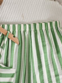 SHEIN 青少年女孩時尚優雅編織條紋細肩帶背心套裝 - 綠色 - 查看 6