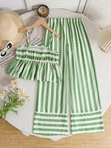 SHEIN 青少年女孩時尚優雅編織條紋細肩帶背心套裝 - 綠色 - 查看 7