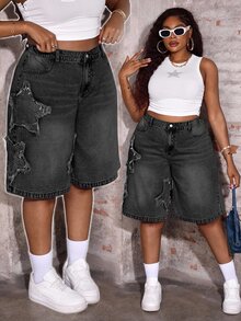 Slaydiva Plus Size Casual Loose Denim Shorts With Star Pattern, Blue Jorts - Black - View 6