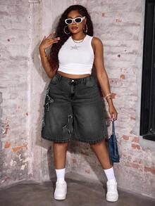 Slaydiva Plus Size Casual Loose Denim Shorts With Star Pattern, Blue Jorts - Black - View 3