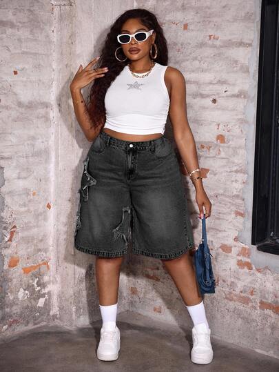 Slaydiva Plus Size Casual Loose Denim Shorts With Star Pattern, Blue Jorts