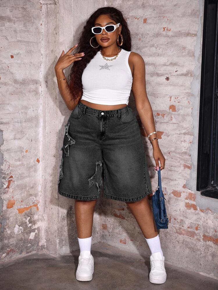 Slaydiva Plus Size Casual Loose Denim Shorts With Star Pattern, Blue Jorts - Black - View 3