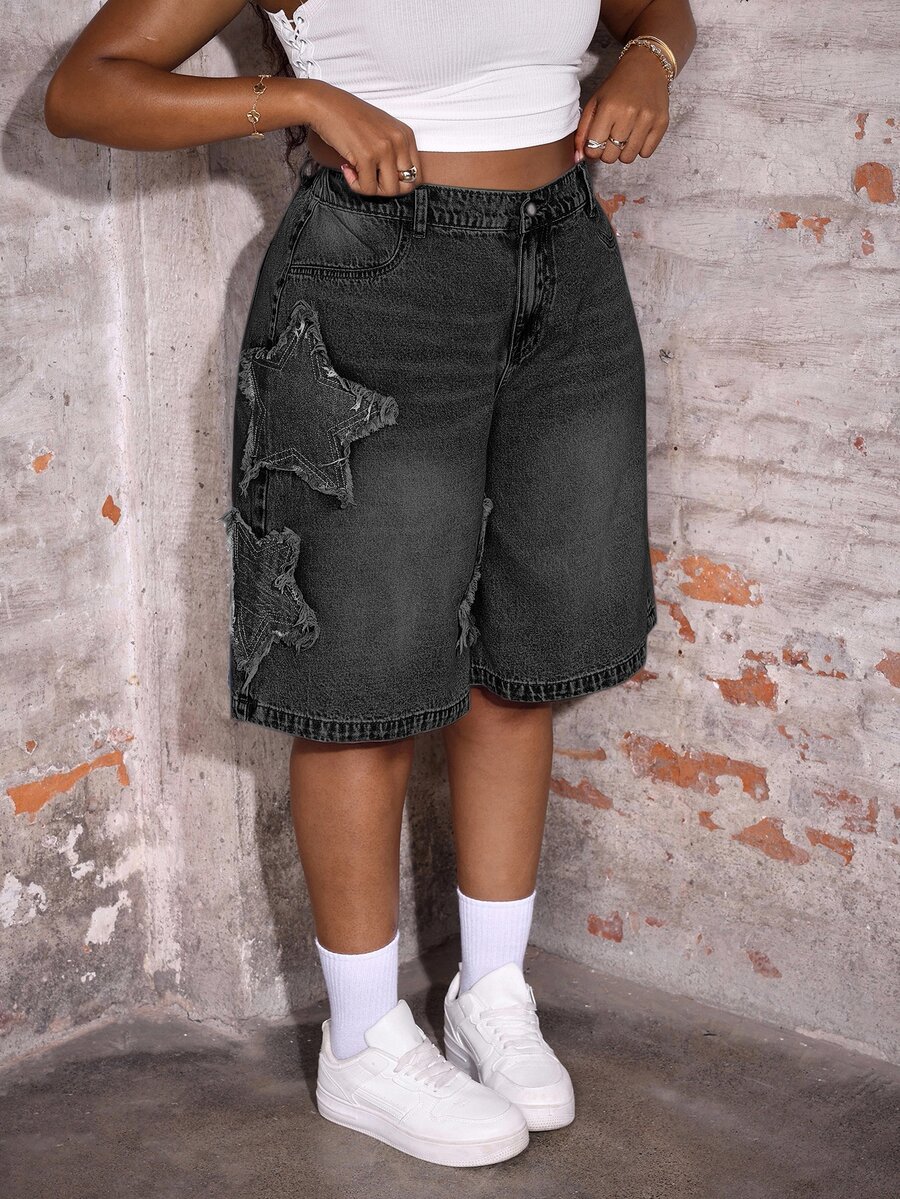 Slaydiva Plus Size Casual Loose Denim Shorts With Star Pattern, Blue Jorts - Black - View 1