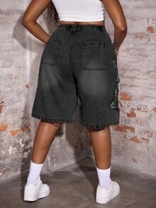 Slaydiva Plus Size Casual Loose Denim Shorts With Star Pattern, Blue Jorts - Black - View 2