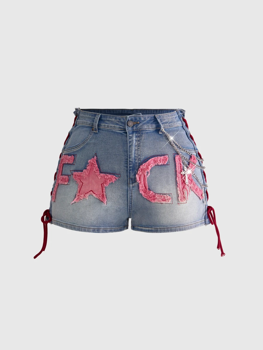 ROMWE J-Fashion 大尺碼女款字母貼布口袋休閒牛仔短褲 90年代 Y2K 1920年代風 藍色 夏季 約會之夜 生日 度假 派對 - 藍色 - 查看 1