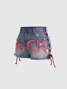 ROMWE J-Fashion 大尺碼女款字母貼布口袋休閒牛仔短褲 90年代 Y2K 1920年代風 藍色 夏季 約會之夜 生日 度假 派對 - 藍色 - 查看 5