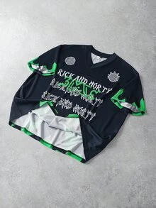 Rick and Morty X SHEIN 男士休闲标语印花短袖T恤，夏季 - 黑色 - 查看 3