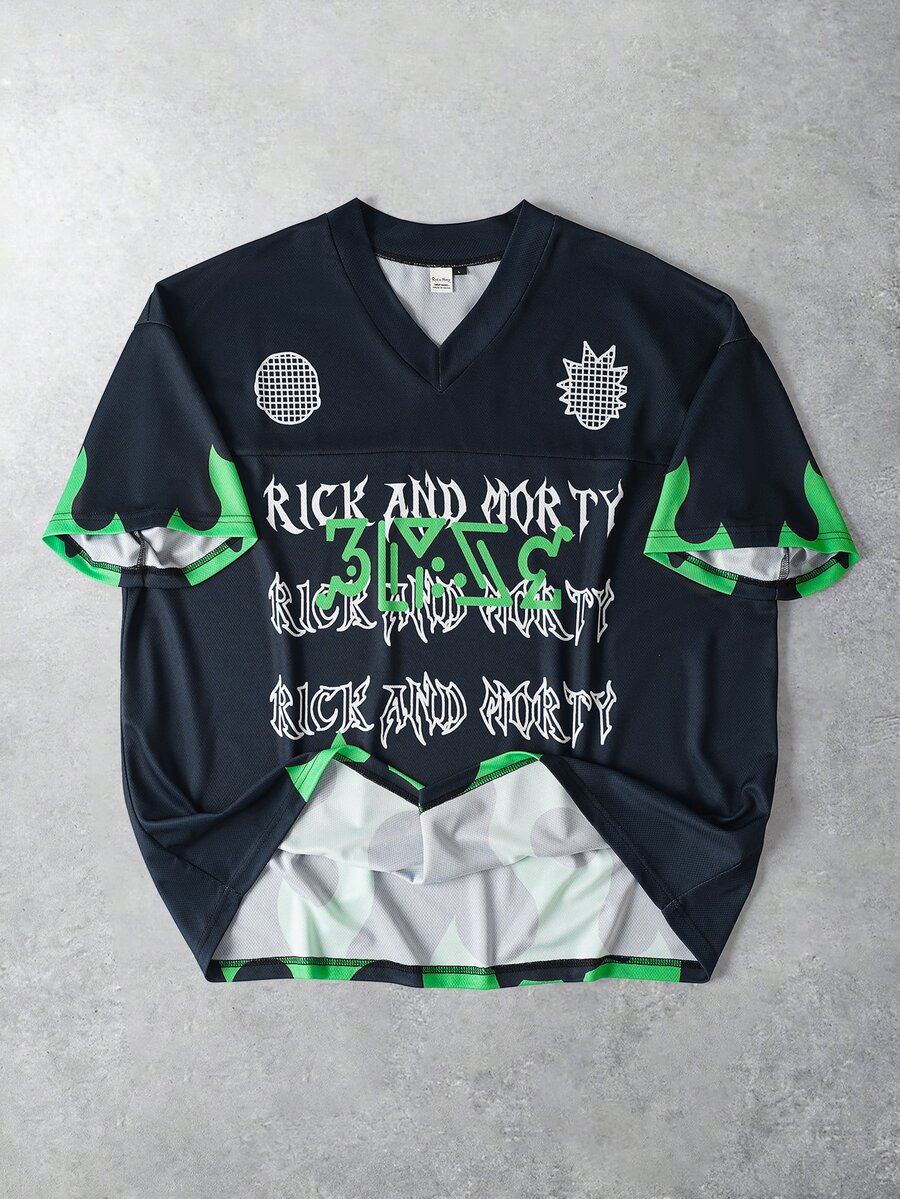 Rick and Morty X SHEIN 男士休闲标语印花短袖T恤,夏季 - 黑色 - 查看 1
