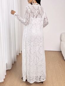 SHEIN Lady 女款白色洋裝搭配蕾絲長袖開襟衫時尚兩件套，適合外出晚餐、正式場合與民事婚禮，秋季優雅穿搭 - 白色 - 查看 2