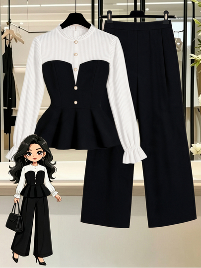GlowEve CURVE Plus Size Women's Elegant Colorblock 2 Pieces Set For Daily Commute Fall