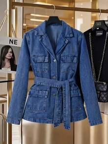 GlowEve Women's Lapel Neck Long Sleeve Multiple Cargo Pockets Casual Denim Jacket - Medium Wash - View 1