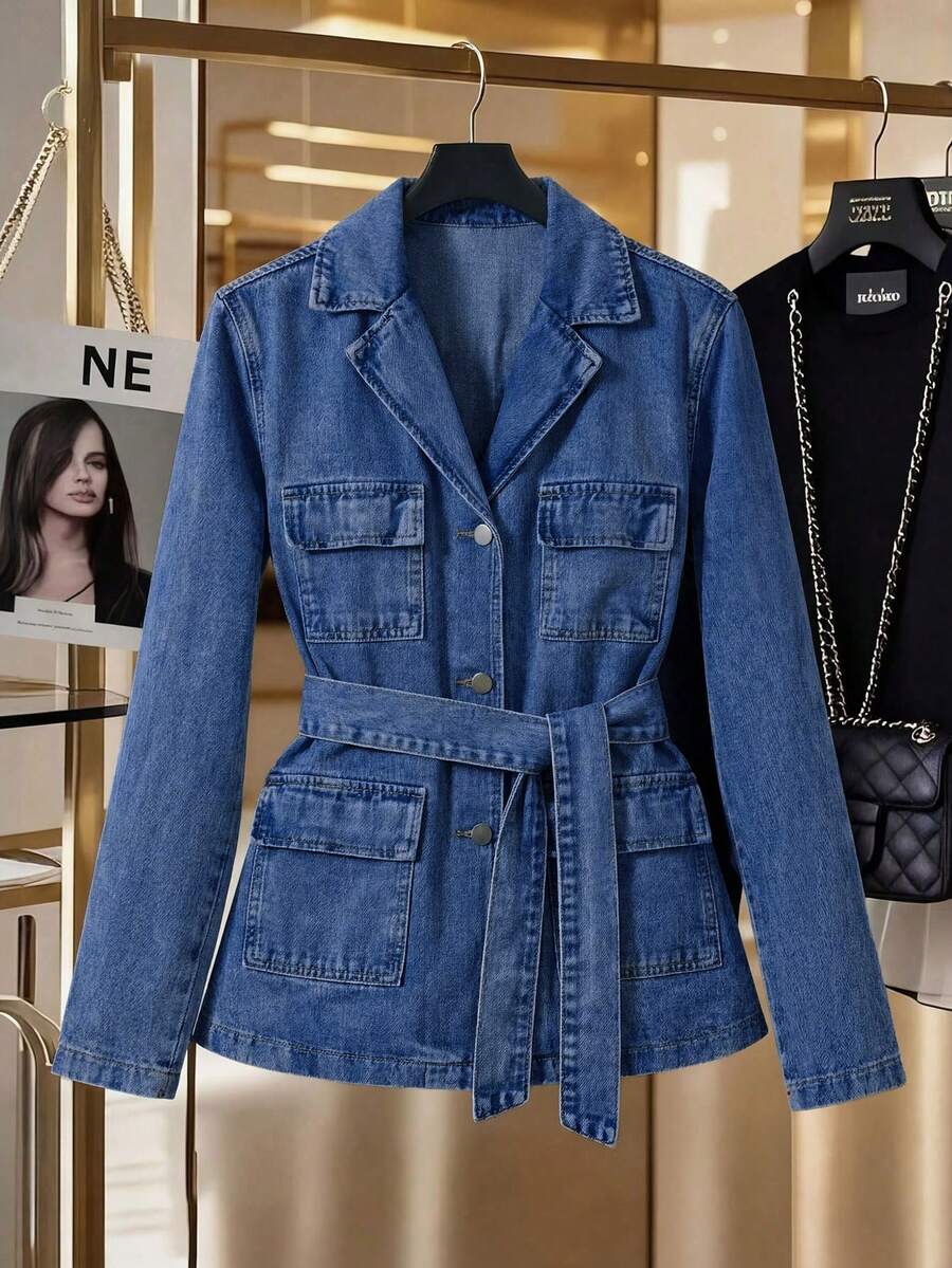 GlowEve Women's Lapel Neck Long Sleeve Multiple Cargo Pockets Casual Denim Jacket - Medium Wash - View 1