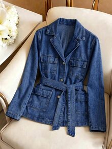 GlowEve Women's Lapel Neck Long Sleeve Multiple Cargo Pockets Casual Denim Jacket - Medium Wash - View 3