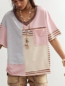 Bohemela 女款休閒 2000 年代米色條紋拼接 V 領短袖寬鬆 T 恤上衣，夏季度假風新款女式上衣 - 彩色 - 查看 1