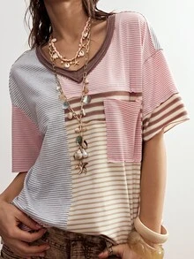 Bohemela 女款休閒 2000 年代米色條紋拼接 V 領短袖寬鬆 T 恤上衣，夏季度假風新款女式上衣 - 彩色 - 查看 3