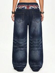 ROMWE Grunge Punk British Flag Print Rivet Street Style Loose Straight Leg Denim Jeans Plus Size - Blue - View 7