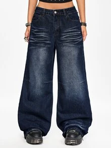 ROMWE Grunge Punk British Flag Print Rivet Street Style Loose Straight Leg Denim Jeans Plus Size - Blue - View 2