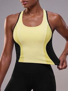 Zivah Women Gym Set Yellow Black Contrast Tank Top High Waist Pocket Leggings Tummy Control Butt Lift Squat Proof Workout Pilates Autumn All Season - Multicolor - View 5