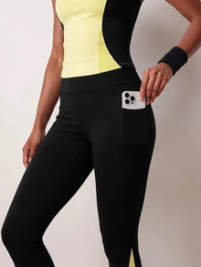 Zivah Women Gym Set Yellow Black Contrast Tank Top High Waist Pocket Leggings Tummy Control Butt Lift Squat Proof Workout Pilates Autumn All Season - Multicolor - View 6