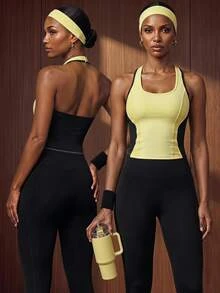 Zivah Women Gym Set Yellow Black Contrast Tank Top High Waist Pocket Leggings Tummy Control Butt Lift Squat Proof Workout Pilates Autumn All Season - Multicolor - View 1