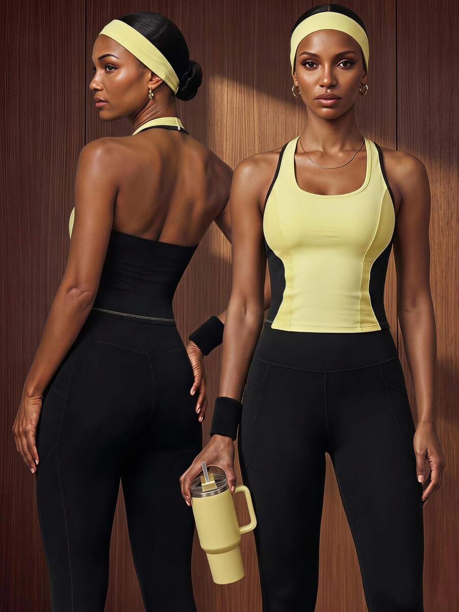 Zivah Women Gym Set Yellow Black Contrast Tank Top High Waist Pocket Leggings Tummy Control Butt Lift Squat Proof Workout Pilates Autumn All Season - Multicolor - View 1