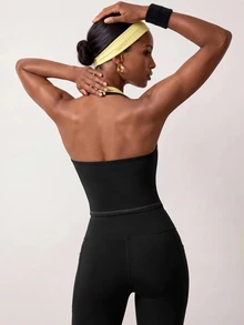 Zivah Women Gym Set Yellow Black Contrast Tank Top High Waist Pocket Leggings Tummy Control Butt Lift Squat Proof Workout Pilates Autumn All Season - Multicolor - View 4