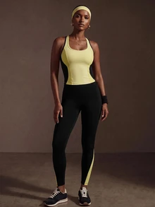 Zivah Women Gym Set Yellow Black Contrast Tank Top High Waist Pocket Leggings Tummy Control Butt Lift Squat Proof Workout Pilates Autumn All Season - Multicolor - View 8