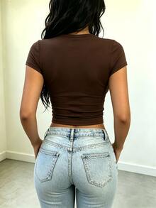 Rovax Women's Solid Color Ruched Slim Fit Versatile Daily Casual Short Sleeve T-Shirt - Brown - View 2