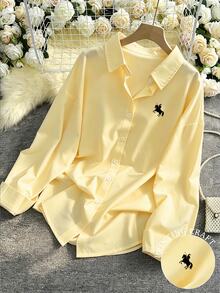 INAWLY Women's Loose Fit Equestrian Print Single-Breasted Long Sleeve Shirt - Pale Yellow - View 7