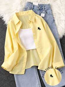 INAWLY Women's Loose Fit Equestrian Print Single-Breasted Long Sleeve Shirt - Pale Yellow - View 3