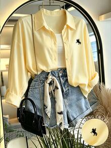 INAWLY Women's Loose Fit Equestrian Print Single-Breasted Long Sleeve Shirt - Pale Yellow - View 8