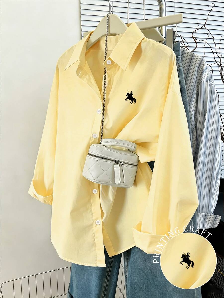 INAWLY Women's Loose Fit Equestrian Print Single-Breasted Long Sleeve Shirt - Pale Yellow - View 1