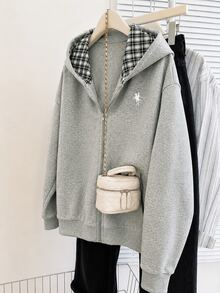 GlowEve CURVE Slouchy Contrast Color Hooded Jacket, Loose Fit With Small Horse Embroidery, Plus Size Sweatshirt For Spring And Autumn Pink Casual Formal Date Night - Dusty Purple - View 5