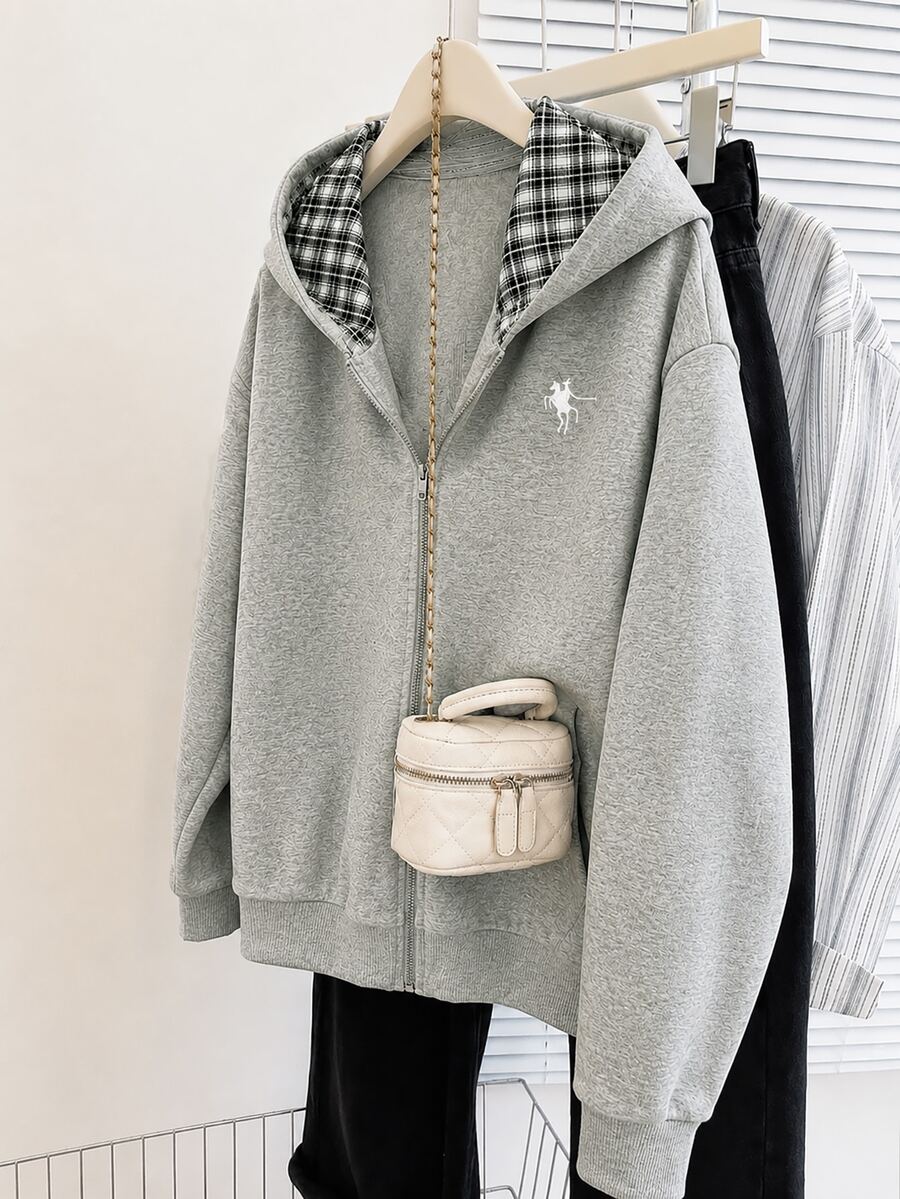 GlowEve CURVE Slouchy Contrast Color Hooded Jacket, Loose Fit With Small Horse Embroidery, Plus Size Sweatshirt For Spring And Autumn Pink Casual Formal Date Night - Dusty Purple - View 1