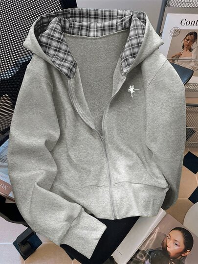 GlowEve CURVE Slouchy Contrast Color Hooded Jacket, Loose Fit With Small Horse Embroidery, Plus Size Sweatshirt For Spring And Autumn Pink Casual Formal Date Night