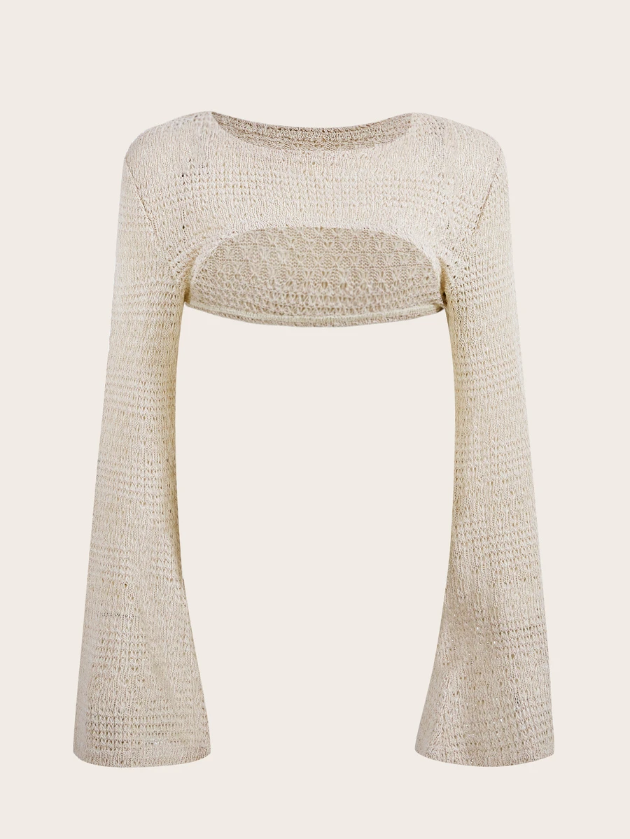 SHEIN ICON Spring White Solid Super Crop Sweater,Long Sleeve Tops - Apricot - View 1