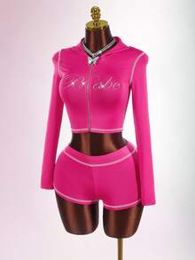 Bumpella 2pcs Women Rhinestone Letter Zip-Up Hoodie Crop Top And Mini Shorts Set Y2k Two Piece Set Pink Two Piece Set - Pink - View 6